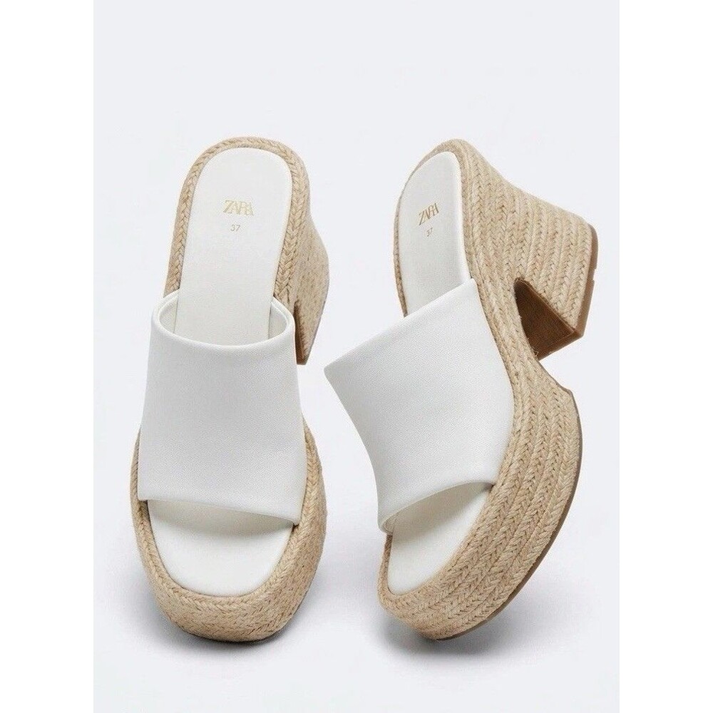 Zara White Leather Chunky Platform Sandals Jute Espadrille Mules NWT Size 37 6.5
